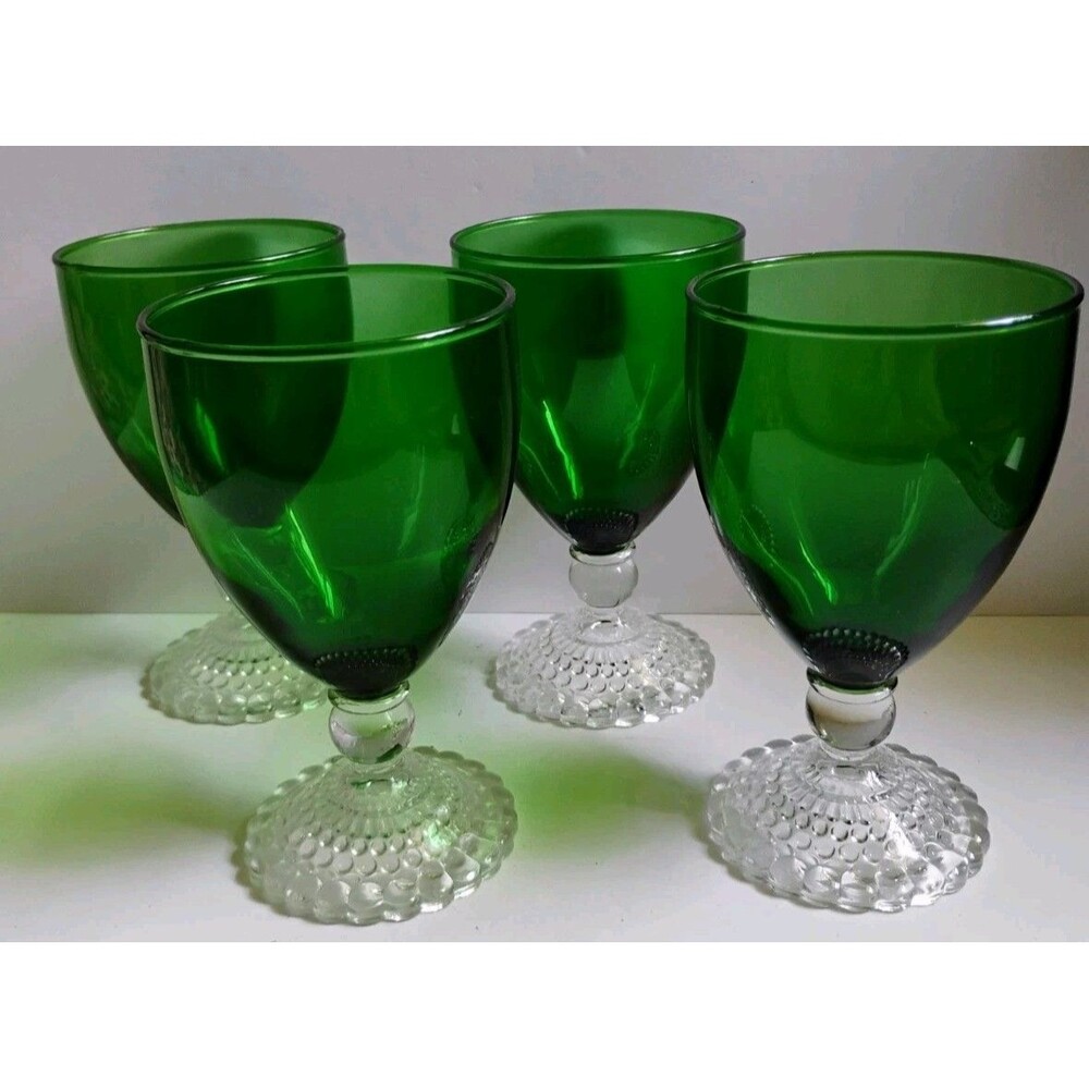 Lot of 4 Vtg Anchor Hocking Forest Green 5.5" Bubble Foot Water Goblets Boopie